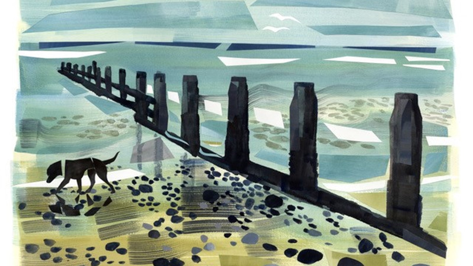 Painting of a labrador on the beach
