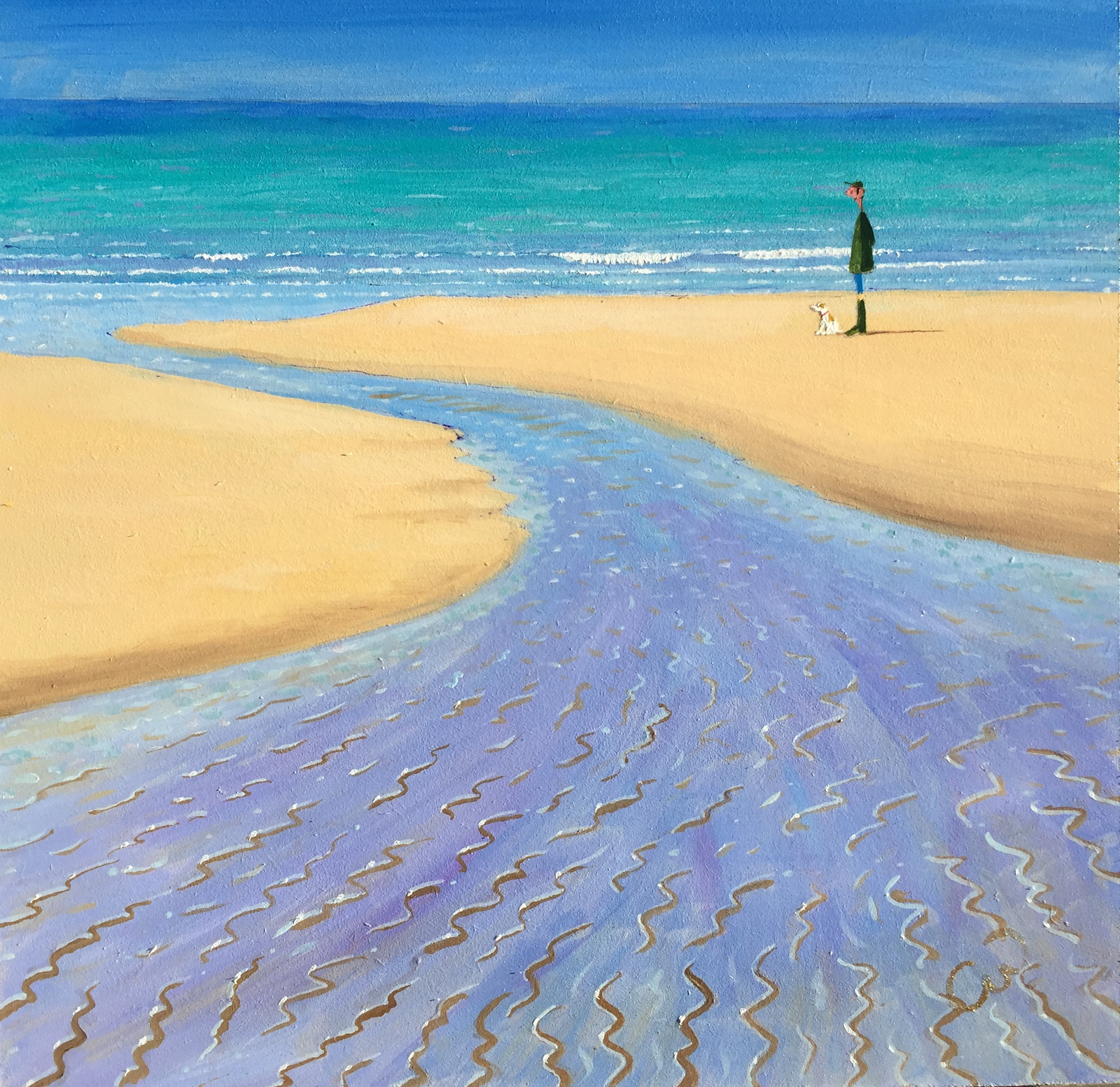 Painting of a man and dog on the beach